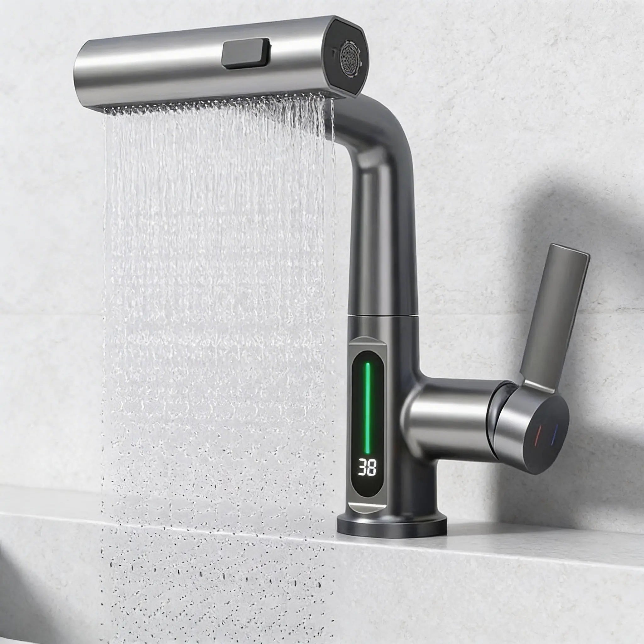 Mitigieur Robinet de cuisine cascade inox brossé avec écran LED température intégré