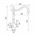 dimensions Robinet de Cuisine 3 Voies en Laiton Or Brossé