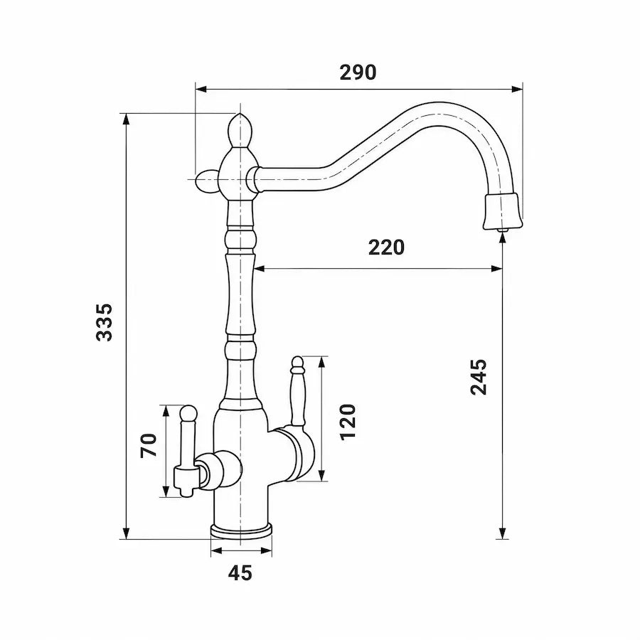 dimensions Robinet de Cuisine 3 Voies en Laiton Or Brossé