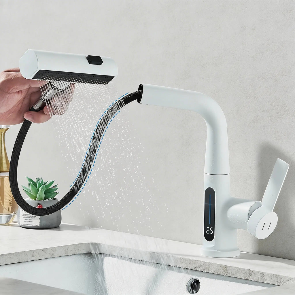 Mitigeur Robinet cascade blanc avec douchette extractible et affichage digital LED 25°C