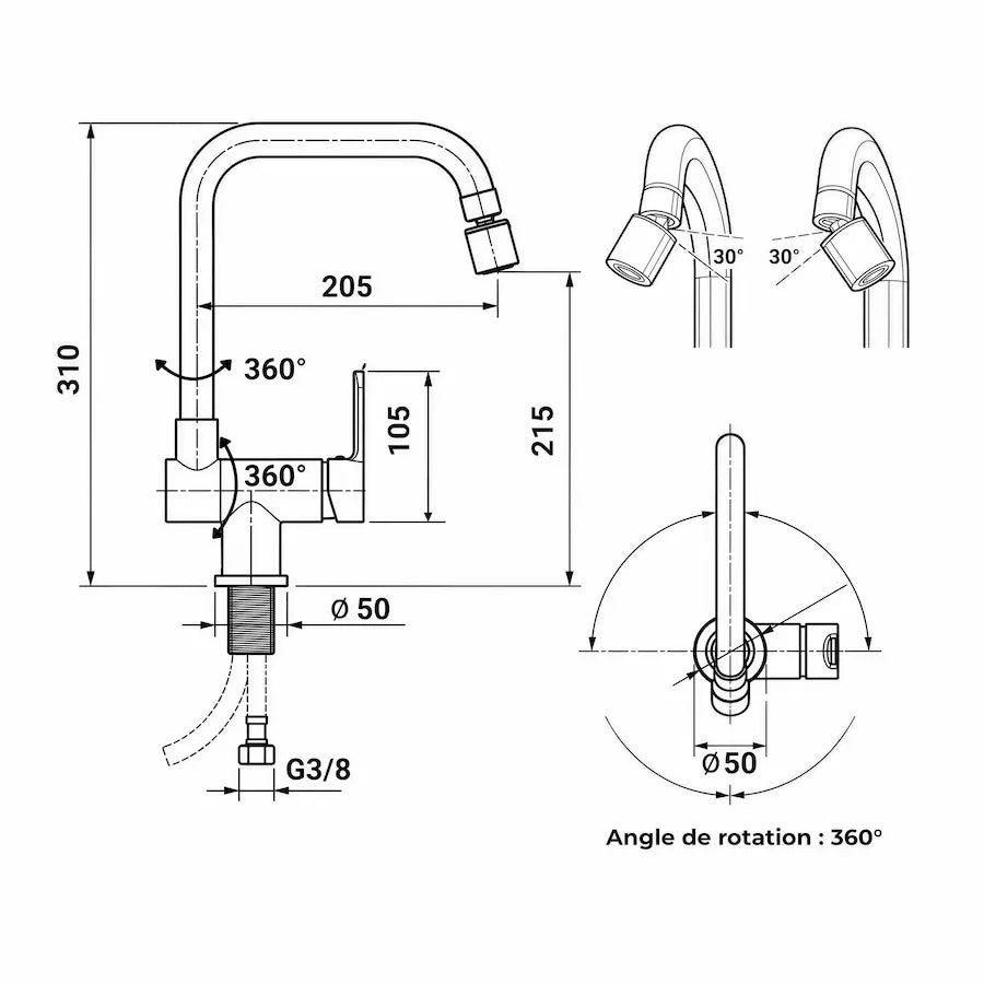 dimensions Robinet de Cuisine en Inox avec Bec Escamotable