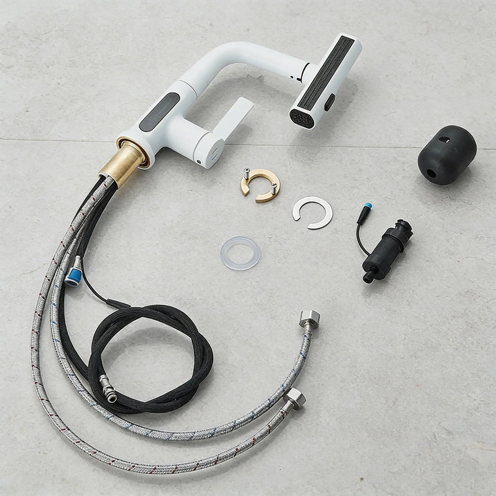 Kit complet mitigeur robinet cascade avec flexible, raccords et système d’alimentation LED
