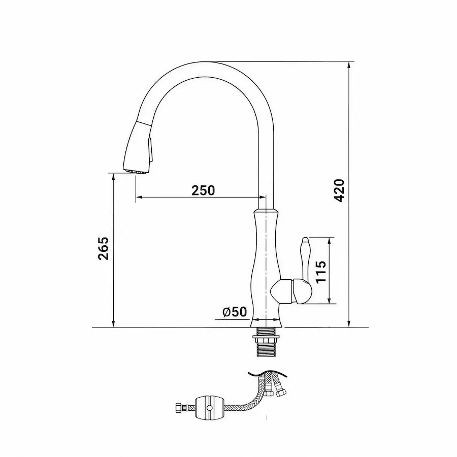 dimensions Robinet de Cuisine Douchette Néo-Rétro en Laiton