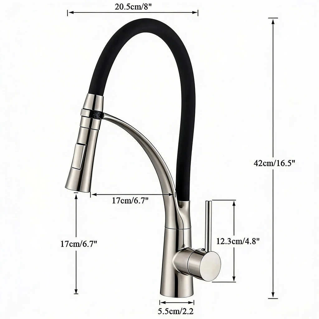 Schéma dimensions mitigeur robinet cuisine flexible noir hauteur 42 cm largeur 20,5 cm