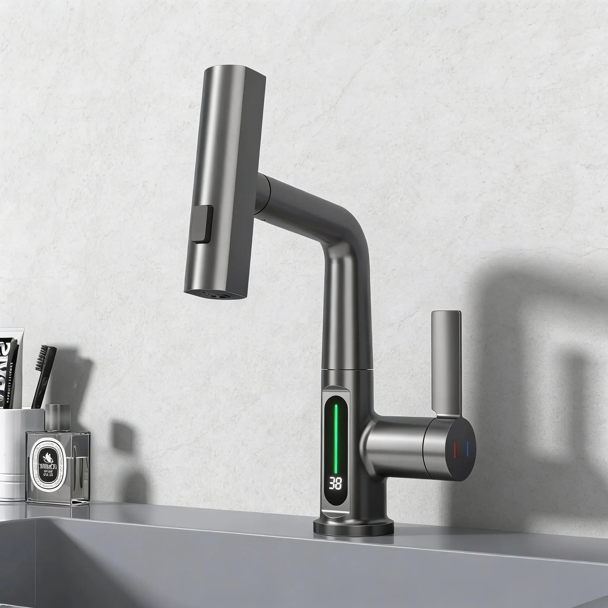 Mitigeur Robinet cascade design inox brossé avec écran LED température 38°C