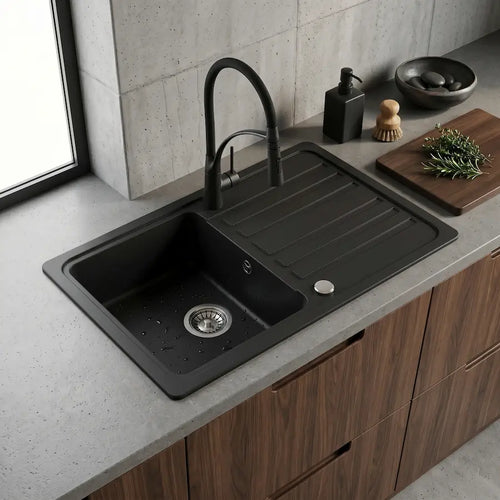 Évier de Cuisine en Granit Composite Bac Simple couleur noir cuisine moderne